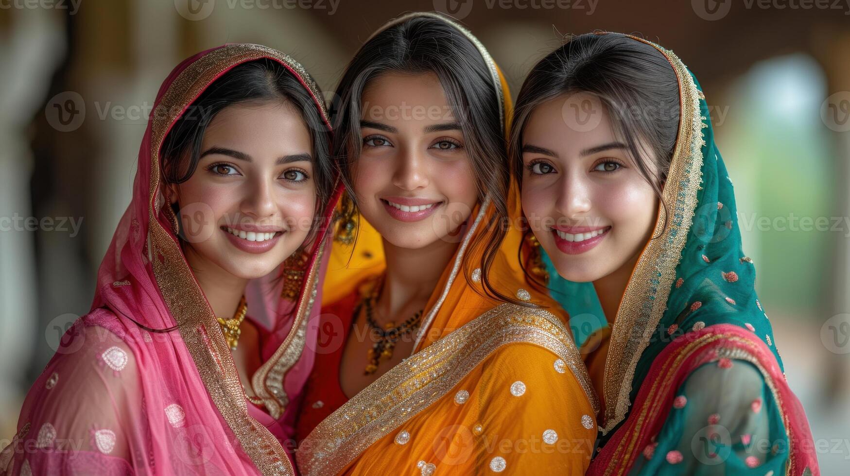 ai généré portrait de Trois magnifique Jeune Indien femmes dans sari à la recherche à caméra. photo