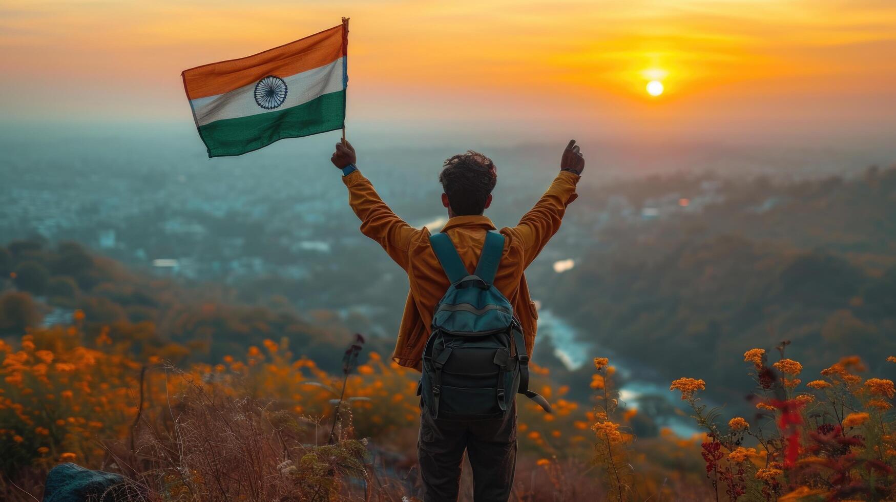 ai généré retour de homme avec Indien drapeau permanent sur Haut de le Montagne et à la recherche à le le coucher du soleil photo