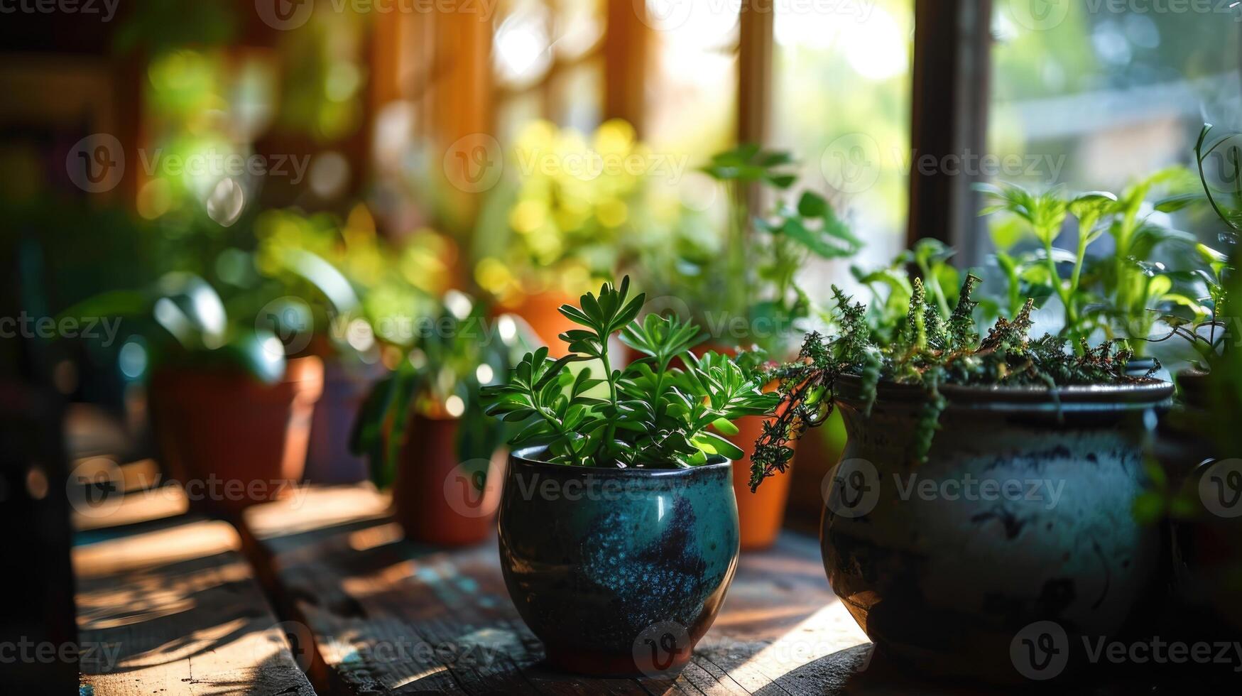 ai généré les plantes dans des pots sur le rebord de fenêtre. sélectif se concentrer. photo