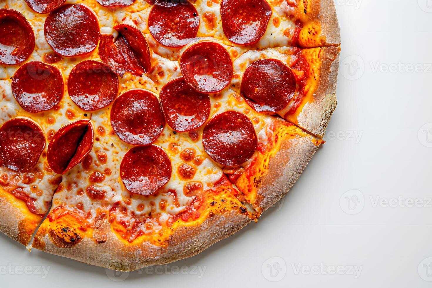 ai généré tentant pepperoni Pizza délice - fermer vue de une pepperoni Pizza avec garnitures sur une blanc Contexte photo