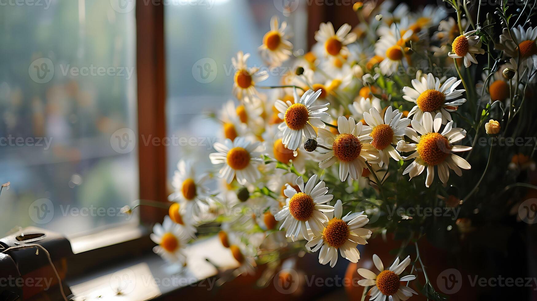 ai généré capricieux bouquet de marguerites - délicat beauté orné par flou verre fenêtre photo