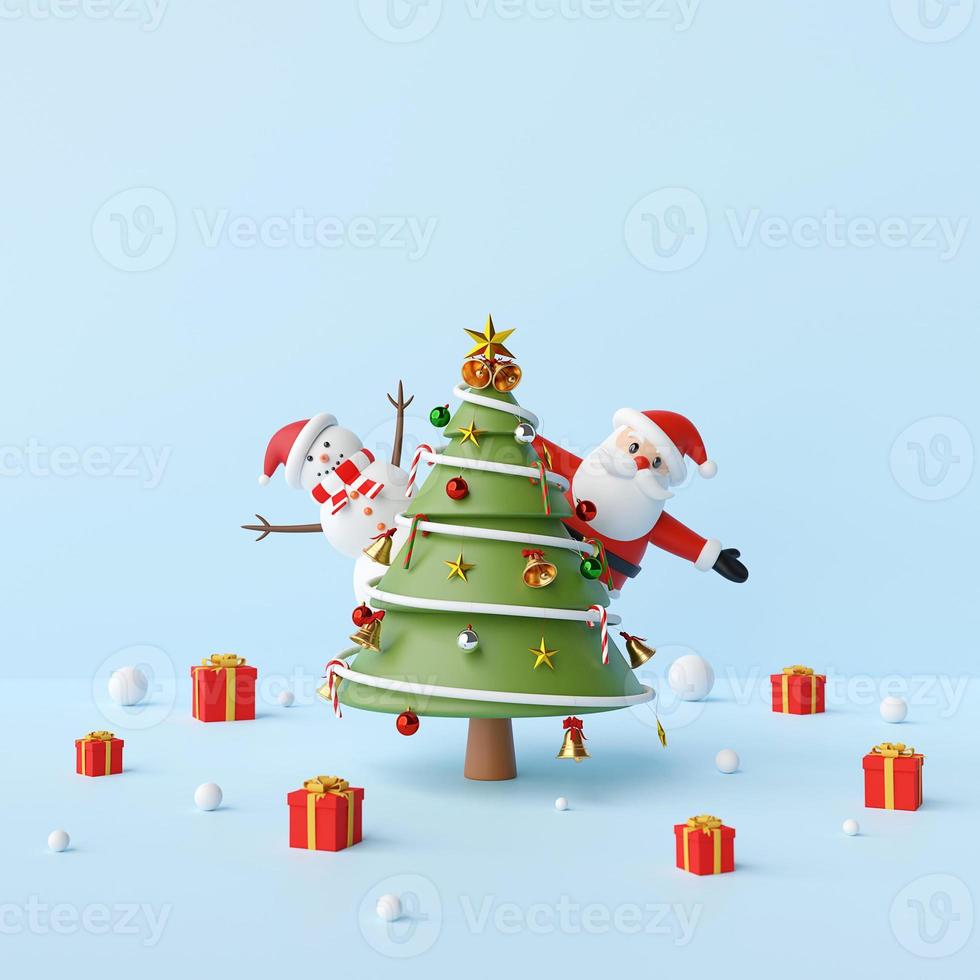 joyeux noël, fête avec le père noël, bonhomme de neige et arbre de noël sur fond bleu, rendu 3d photo