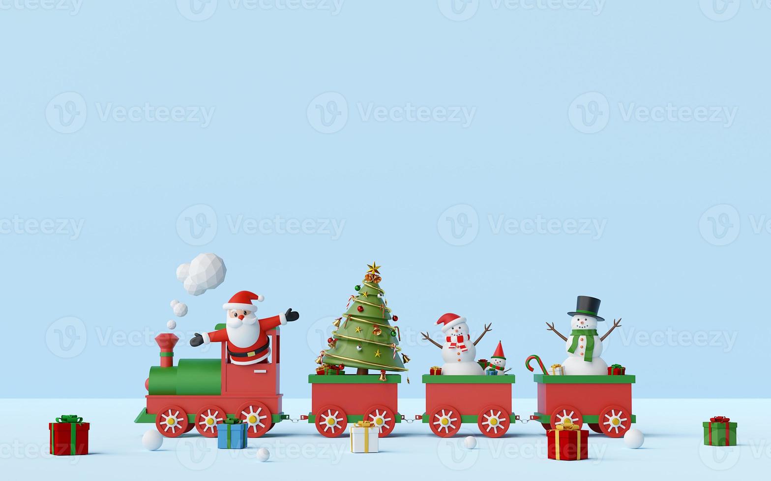 joyeux noël et bonne année, père noël et bonhomme de neige sur le train de noël avec des cadeaux sur fond bleu avec espace de copie, rendu 3d photo