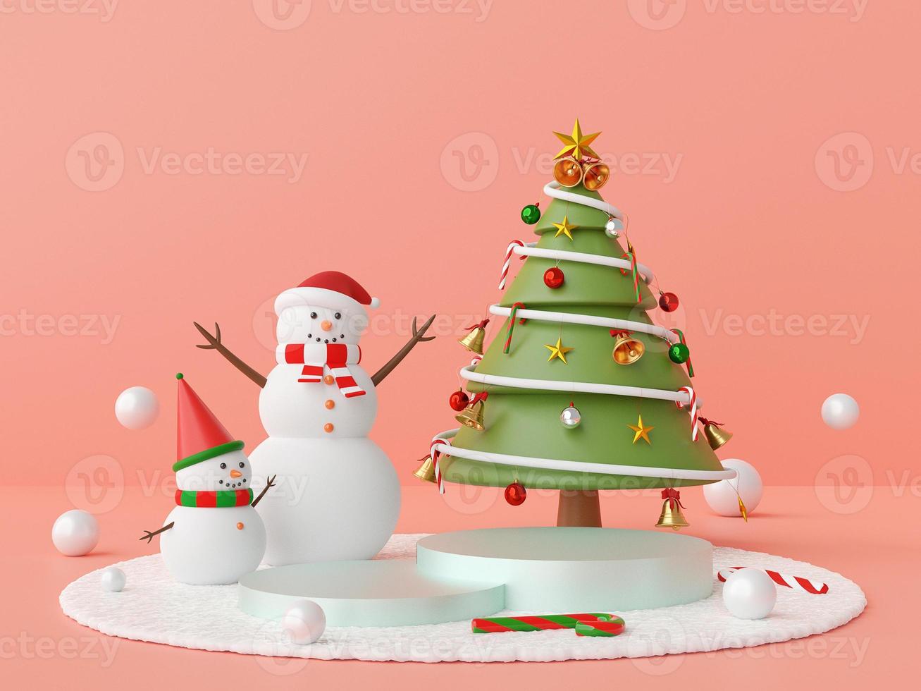 podium de noël avec bonhomme de neige et arbre de noël photo