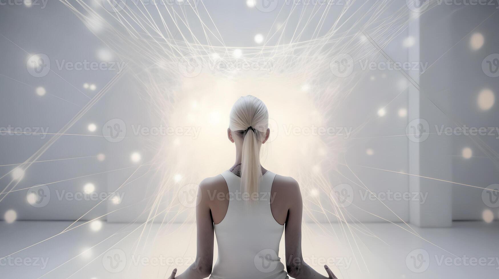 ai généré blond femme séance dans méditatif lotus position dans de face de et entouré avec réseau de connecté en volant embrasé taches, neural réseau généré art photo