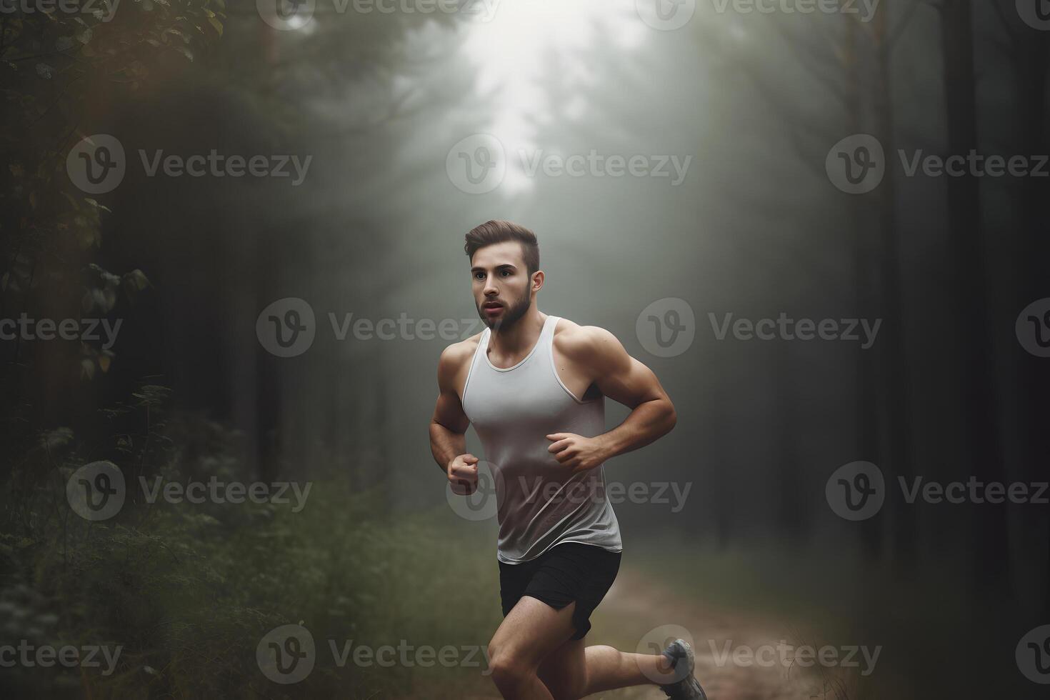 ai généré athlétique Jeune homme fonctionnement dans une Matin brumeux forêt, en bonne santé mode de vie concept, neural réseau généré image photo