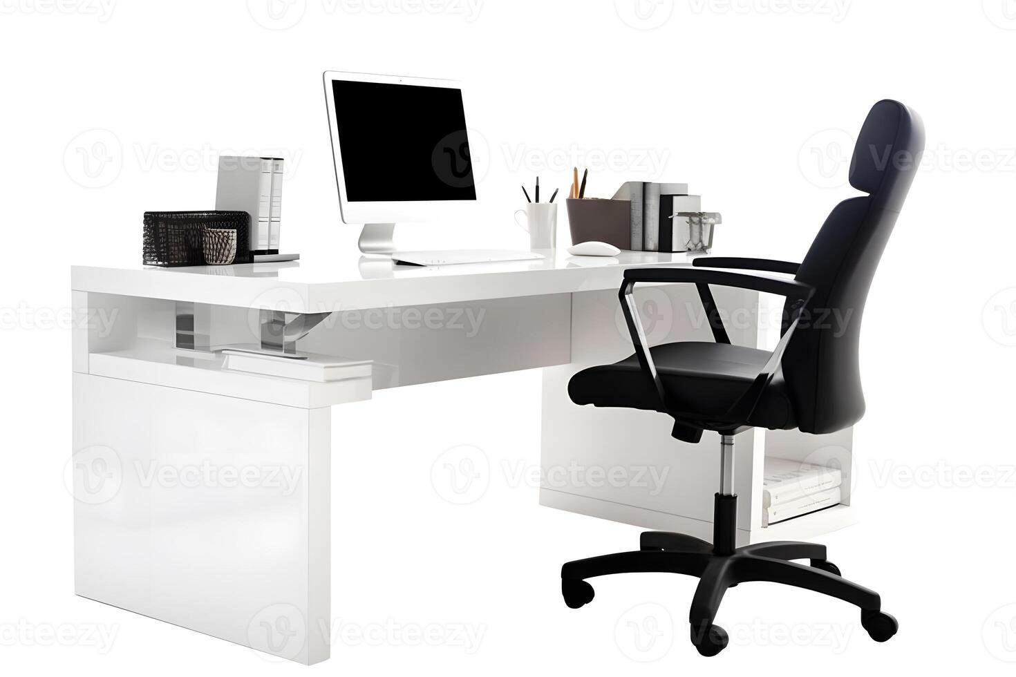 ai généré Bureau lieu de travail bureau avec ordinateur moniteur et noir vide Bureau chaise sur roues isolé sur blanc arrière-plan, neural réseau généré image photo