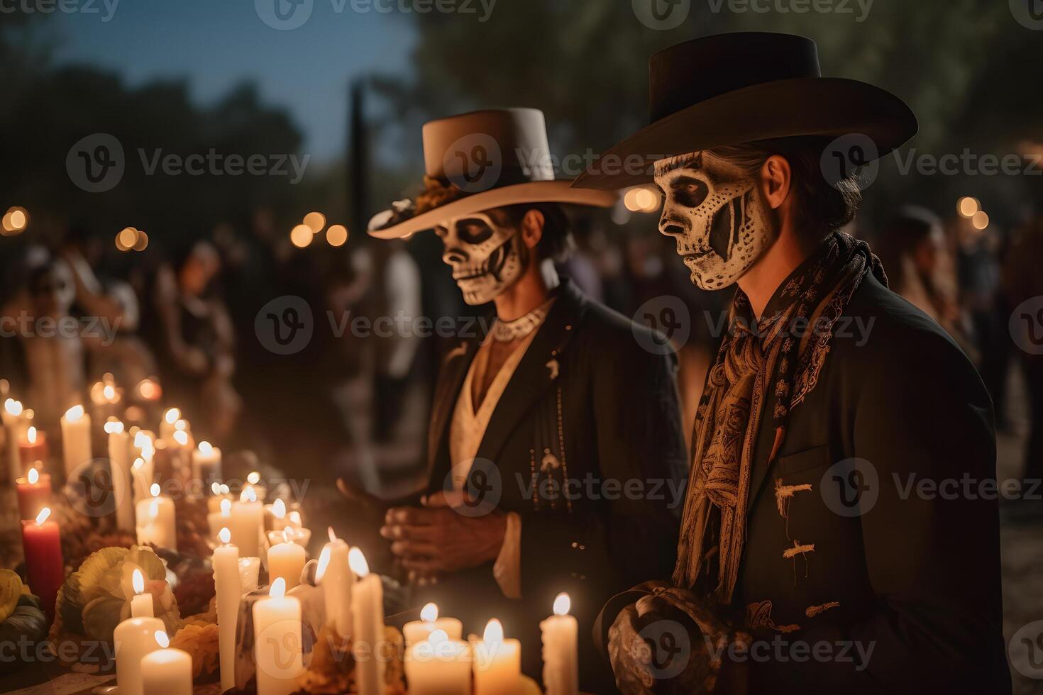 ai généré deux costumé cow-boys avec crâne maquillage dans de face de une table avec bougies à le un événement pour dia de los muertos à nuit, neural réseau généré image photo