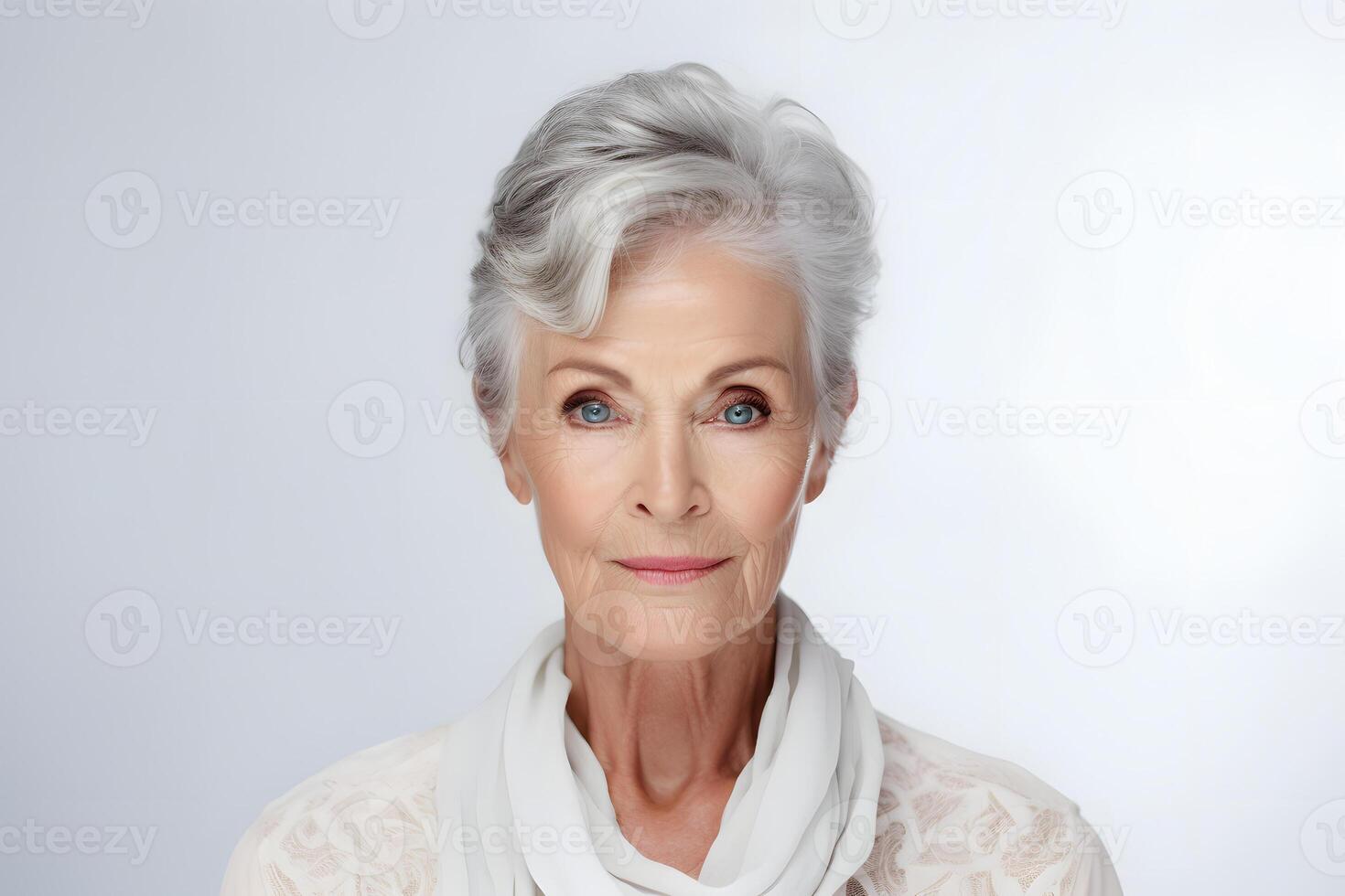 ai généré portrait de Sénior aux cheveux gris caucasien femme sur blanc Contexte. neural réseau généré photoréaliste image. photo