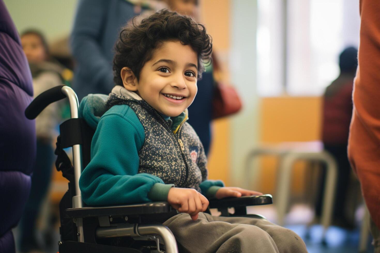 ai généré Jeune désactivée garçon séance sur fauteuil roulant à école souriant bokeh style Contexte avec génératif ai photo