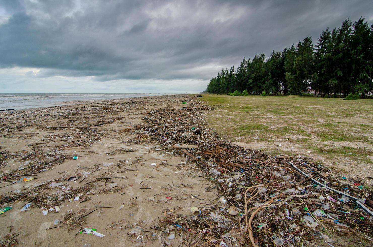 déchets plastiques qui remplissent la plage photo