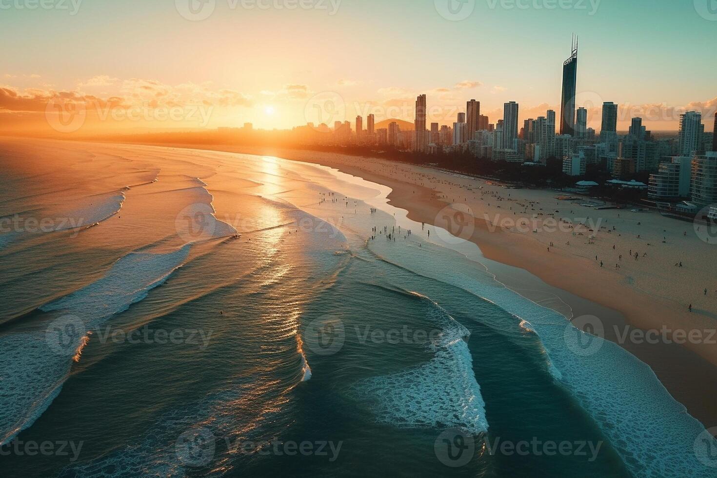 ai génératif aérien vue de surfeurs paradis sur le or côte Australie photo