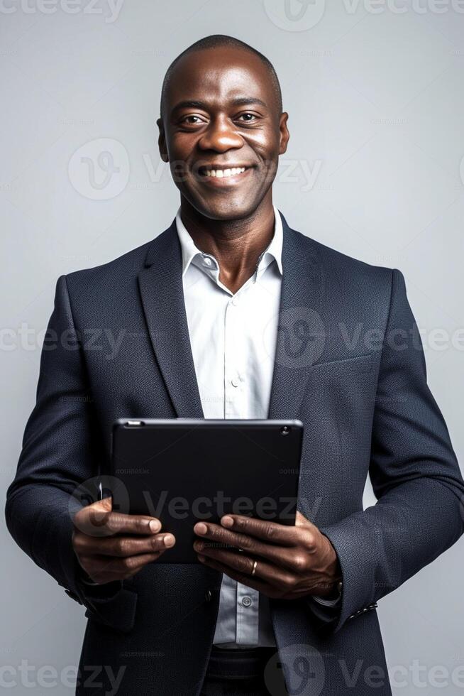 ai génératif africain homme d'affaire travail avec tablette Extérieur noir gens concept à propos gens affaires mode de vie et La technologie photo