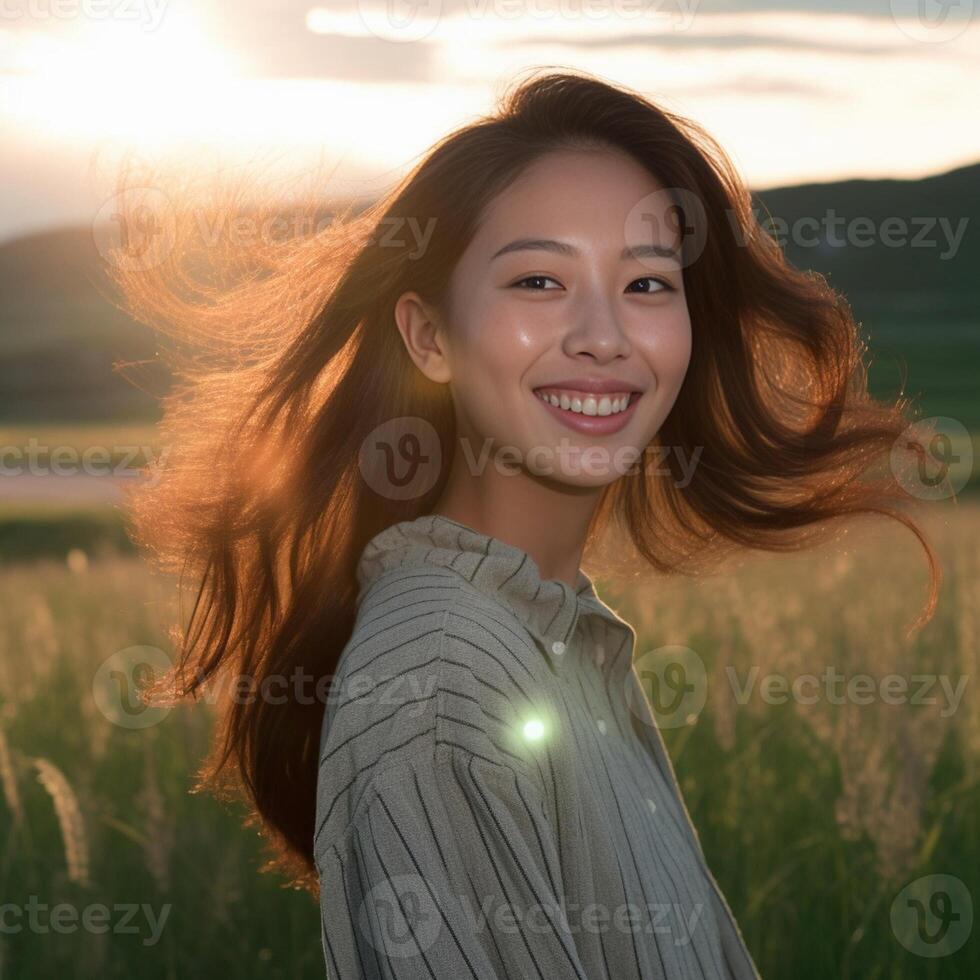 ai génératif attrayant caucasien fille souriant dans le campagne photo