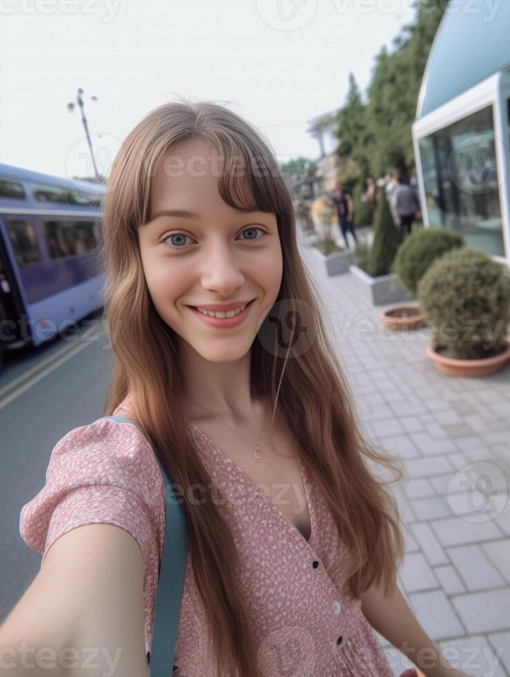 ai génératif beau caucasien fille prend une selfie Extérieur photo