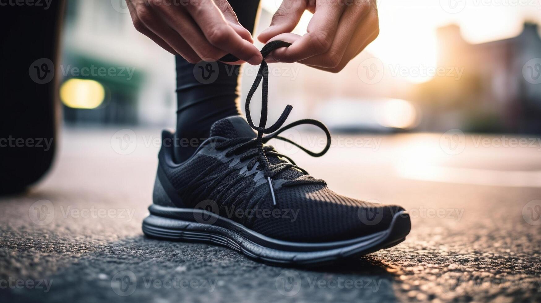 ai génératif fermer de sportif attacher baskets noir homme arrêt laçage chaussure en plein air sport concept photo