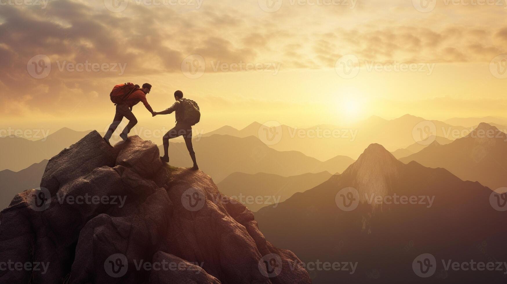 ai génératif couple de randonneurs portion chaque autre escalade une Montagne à le coucher du soleil gens donnant une portion main et actif sport concept photo