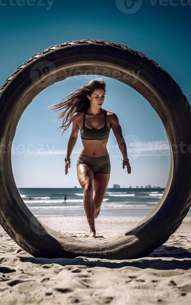 ai génératif en forme et tonique sportive travail en dehors dans fonctionnel formation Gym à le plage en forme faire des exercices motivation photo