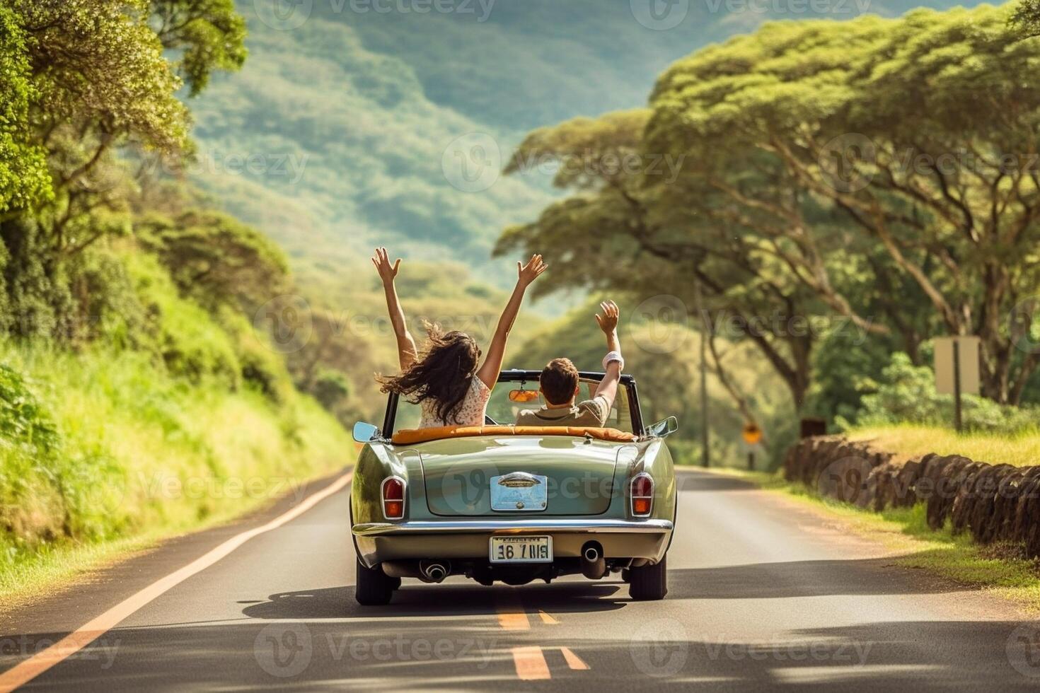 ai génératif copains ayant amusement à voiture voyage autour le monde couple dans l'amour avec bras en haut sur une convertible voiture photo