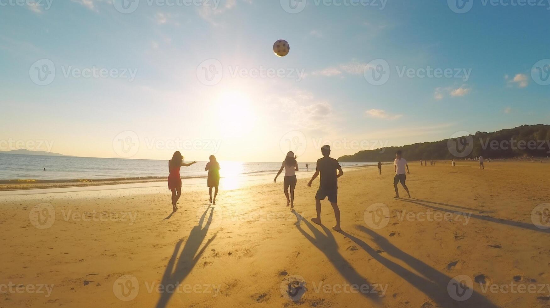 ai génératif groupe de multiracial gens est en jouant togheter à le plage gens la nature et mode de vie concept photo