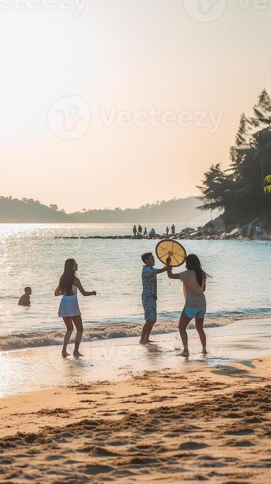 ai génératif groupe de multiracial gens est en jouant togheter à le plage gens la nature et mode de vie concept photo