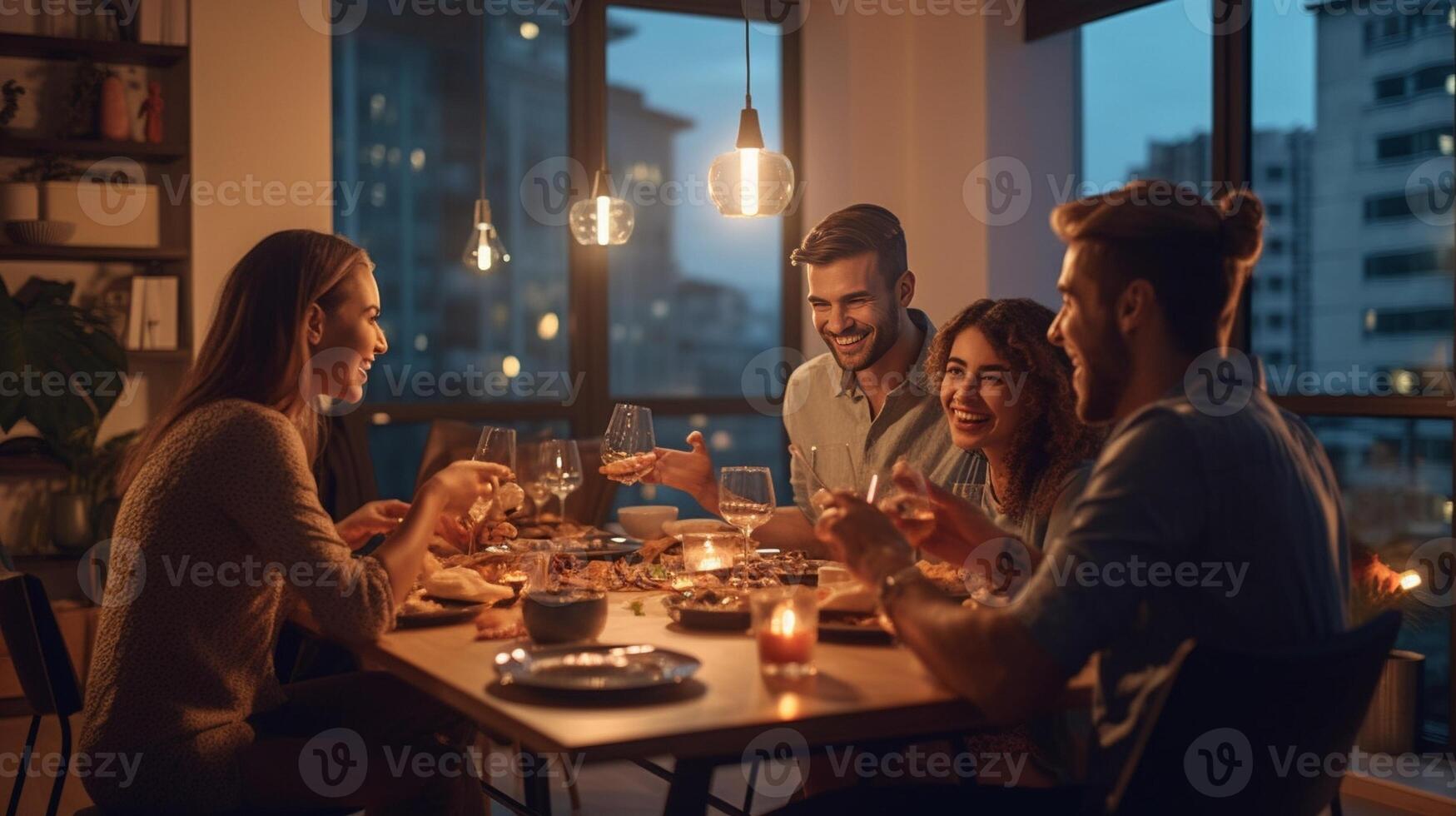 ai génératif groupe de souriant copains profiter dîner à Accueil content famille ayant à manger fête ensemble la vie style concept avec les mecs et les filles en mangeant repas et en buvant rouge du vin nourriture et beve photo