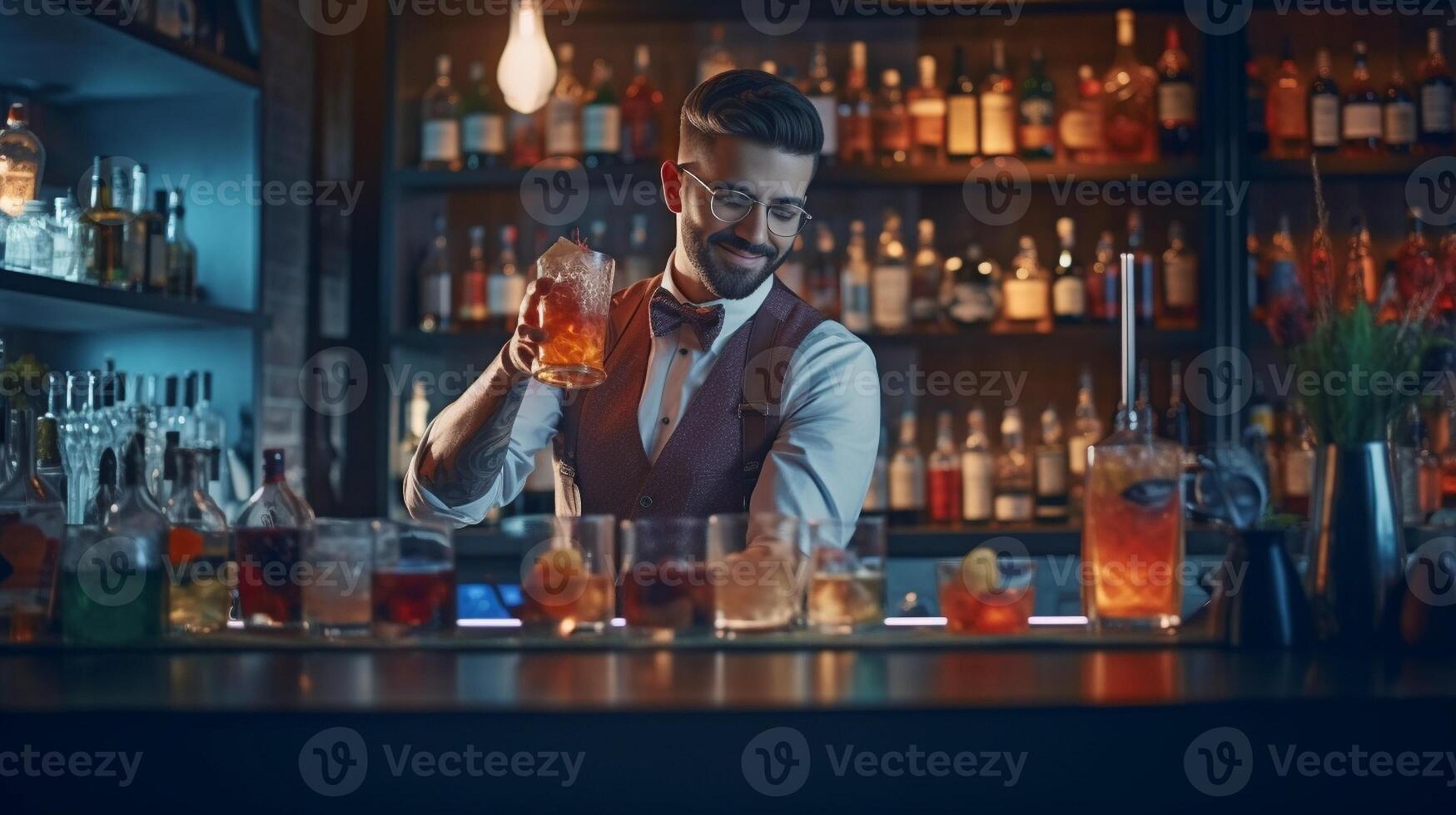 ai génératif Beau barman fabrication cocktail à boîte de nuit content barman travail derrière le bar boisson la vie style concept photo