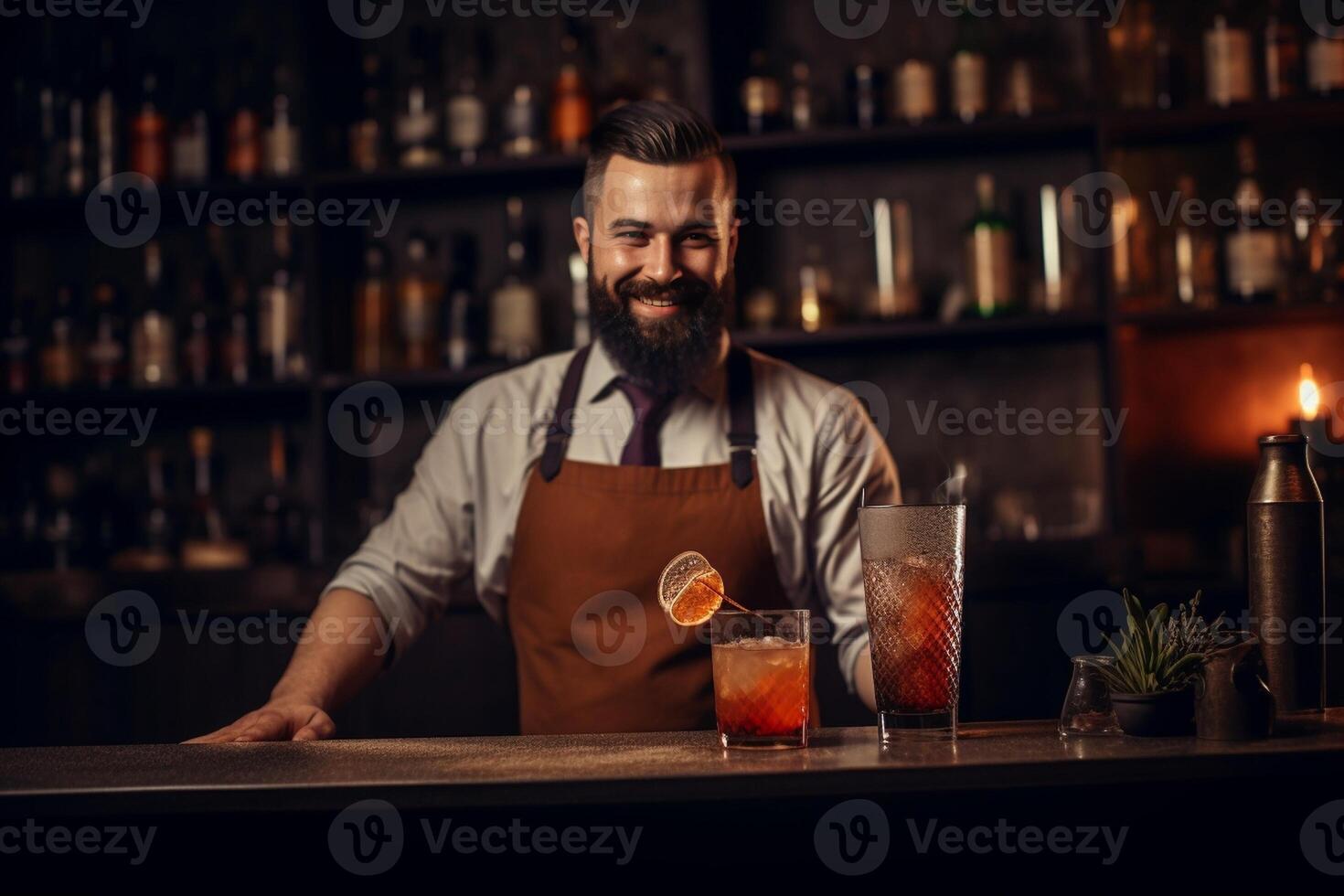 ai génératif Beau barman fabrication cocktail à boîte de nuit content barman travail derrière le bar boisson la vie style concept photo