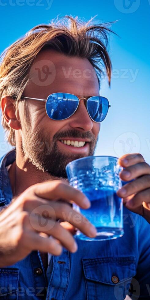 ai génératif Beau homme prise une selfie en buvant Bière Extérieur dans une ensoleillé journée photo