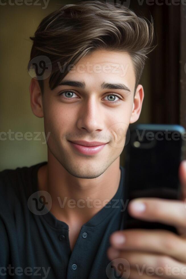 ai génératif Beau Jeune homme prise une selfie à Accueil en utilisant intelligent téléphone dispositif content gars souriant dans le caméra intérieur photo