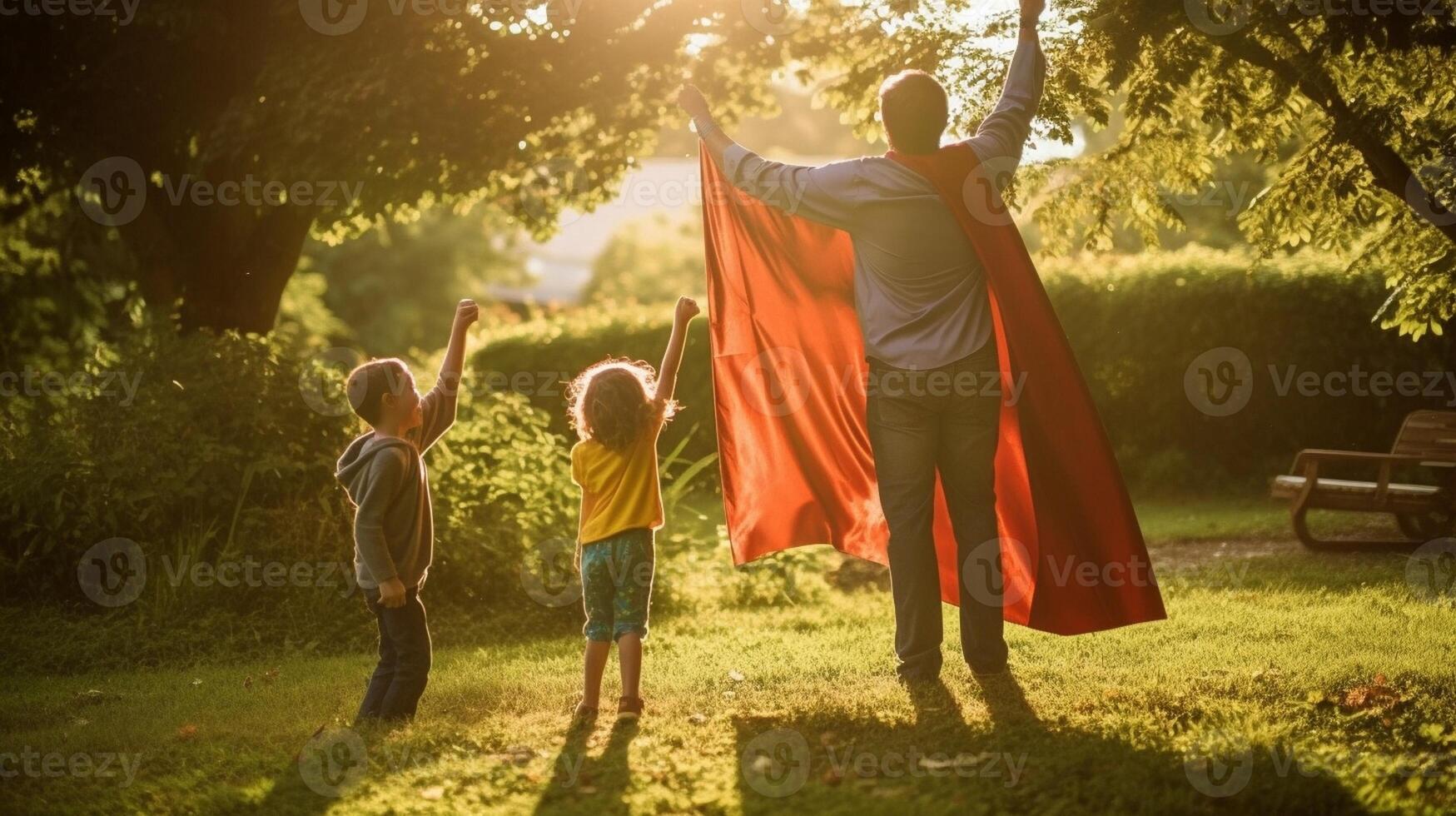 ai génératif content famille en jouant ensemble à l'extérieur enfant dans une super-héros costume ayant amusement avec mère et papa dans le parc à le coucher du soleil famille l'amour et enfance concept photo