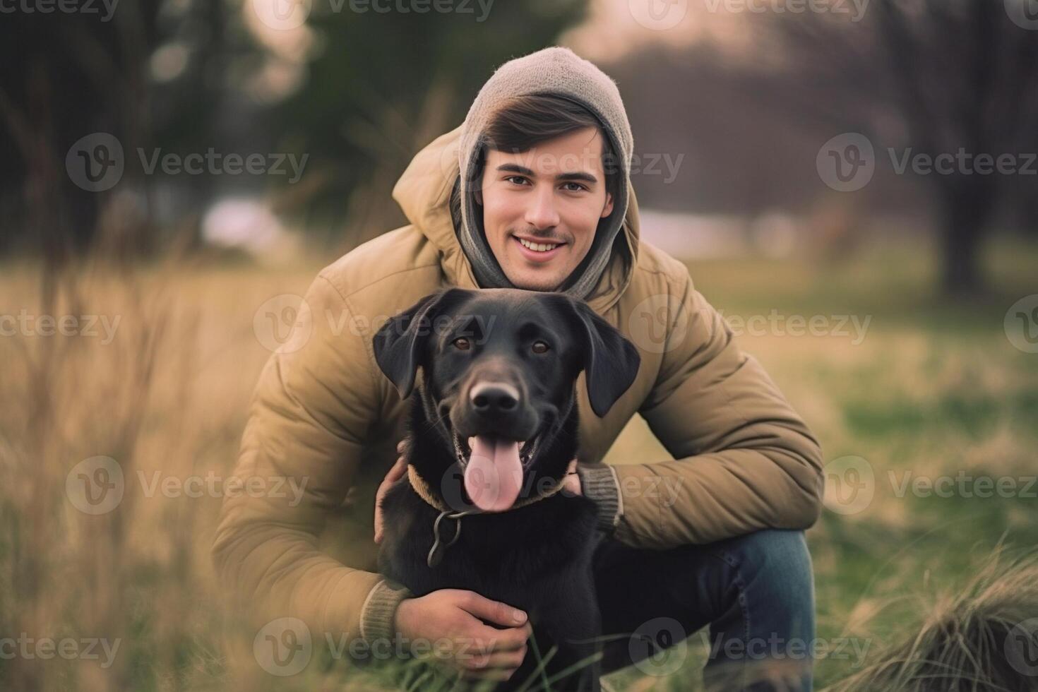 ai génératif content homme ayant amusement en jouant avec chien à parc gars câlins Labrador retriever chiot en plein air photo