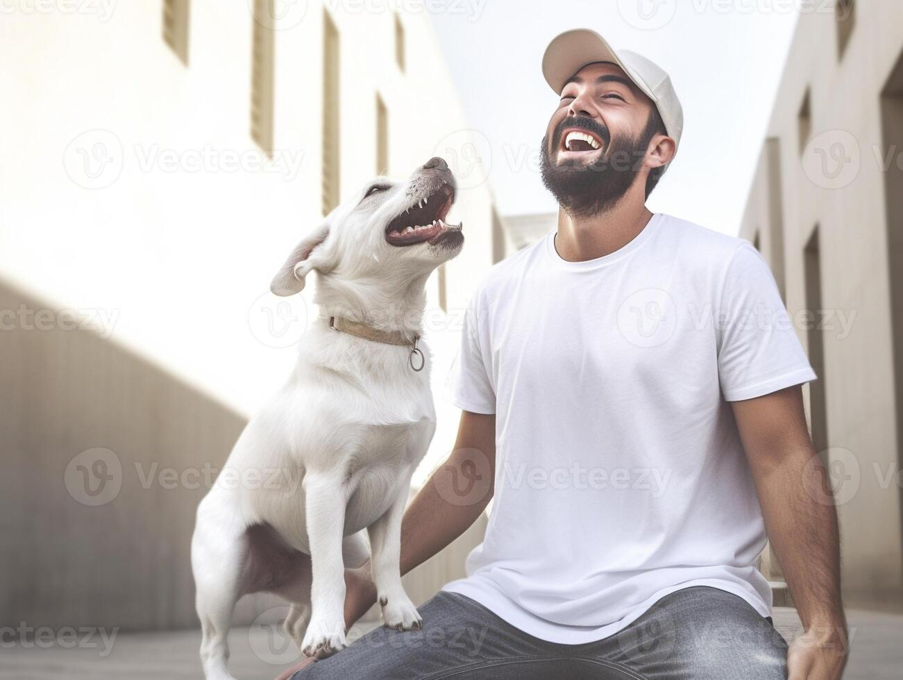 ai génératif content homme ayant amusement en jouant avec chien à parc gars câlins Labrador retriever chiot en plein air photo