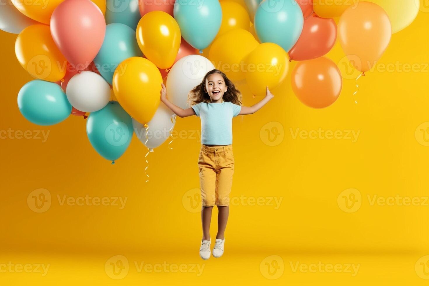 ai génératif content Jeune caucasien fille est sauter en portant coloré des ballons dans le air portrait de un attrayant femme exprimer sa liberté photo