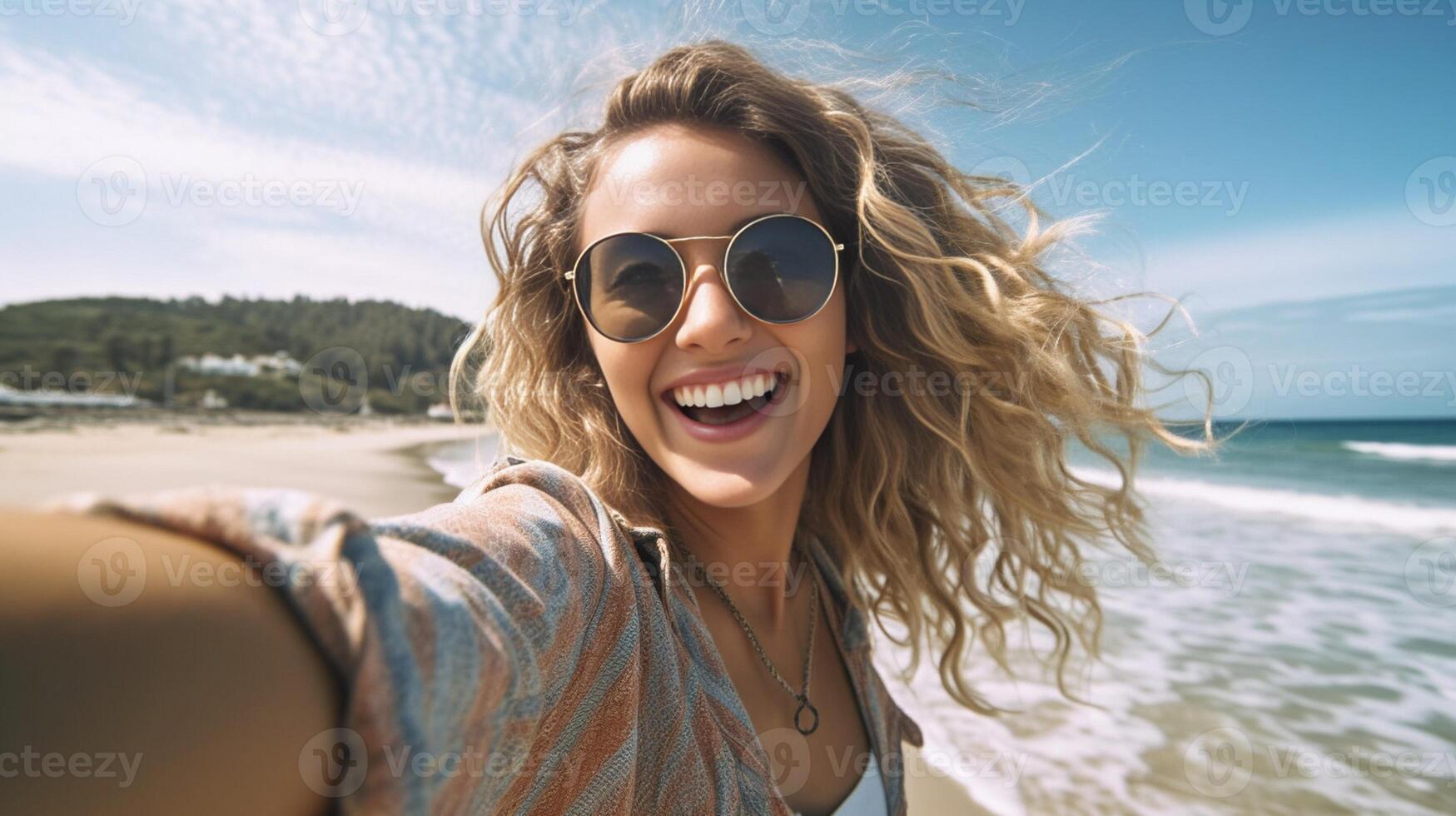 ai génératif content Jeune touristique prise selfie à plage sur vacances millénaire fille ayant amusement souriant à caméra gens et vacances concept photo