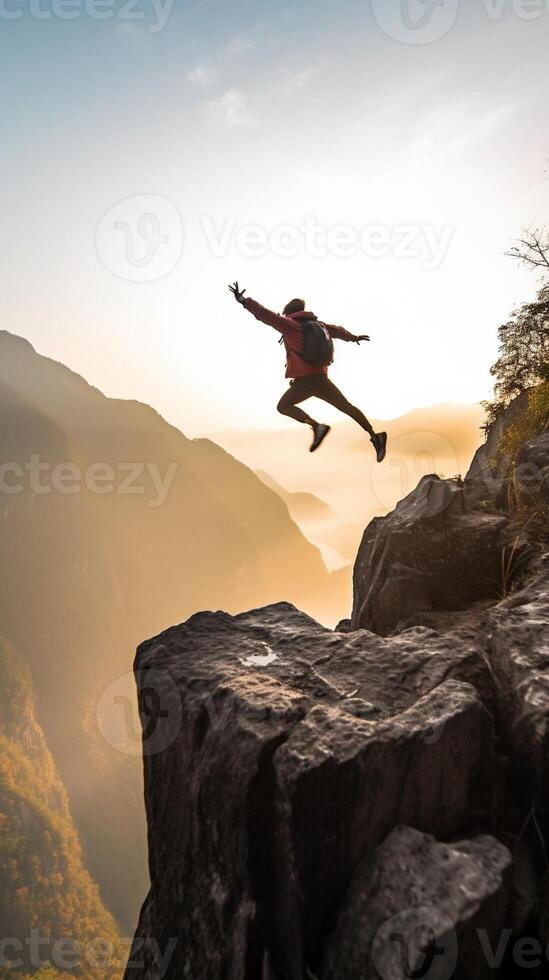 ai génératif promeneur homme sauter plus de le Montagne photo