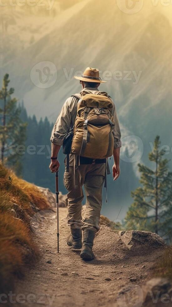 ai génératif promeneur en marchant sur une Montagne homme fabrication un excursion dans le la nature photo