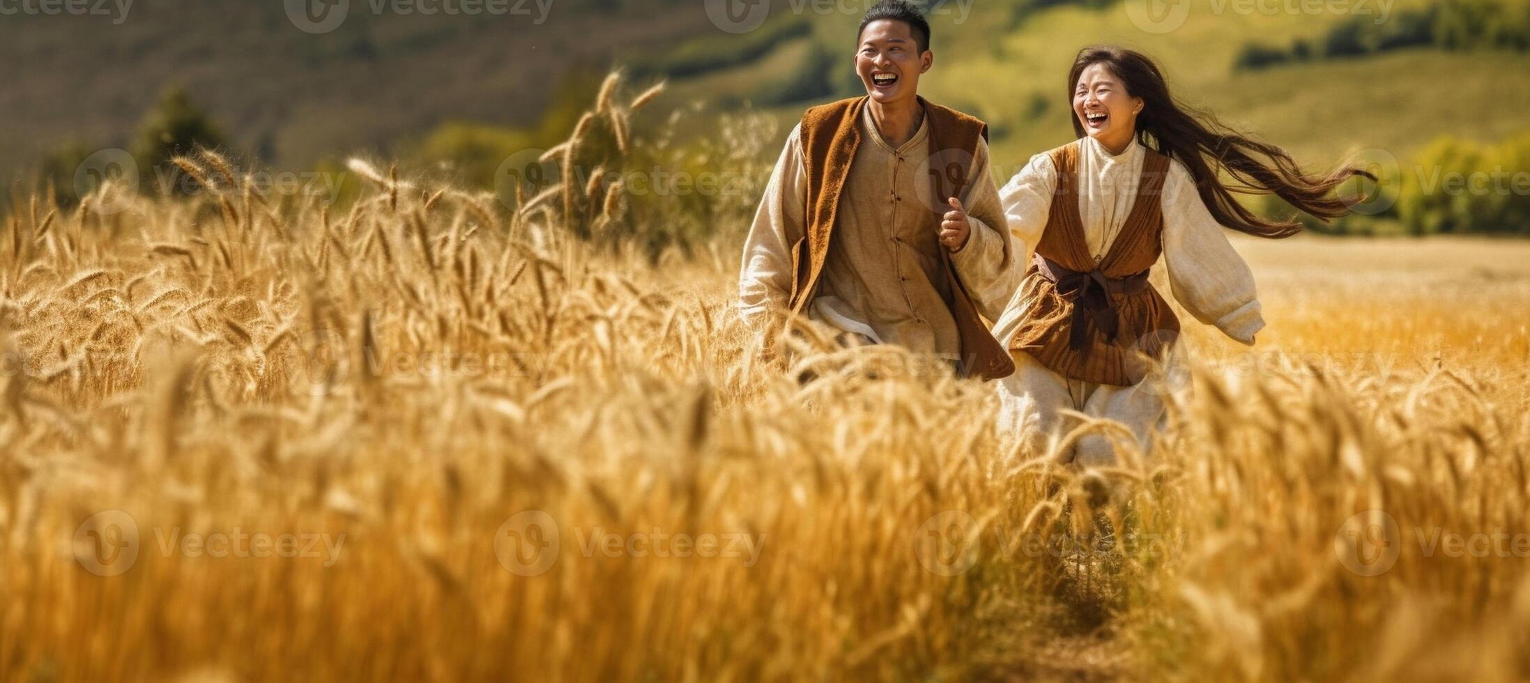 ai génératif aimant couple fonctionnement dans une blé champ en portant leur mains en haut concept à propos liberté l'amour natue gens et mode de vie photo