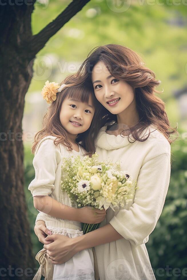 ai génératif mère journée concept l'amour de mère et filles joyeux maman est en portant agréable fleurs et est recevoir baiser de sa deux filles ancien filtre photo