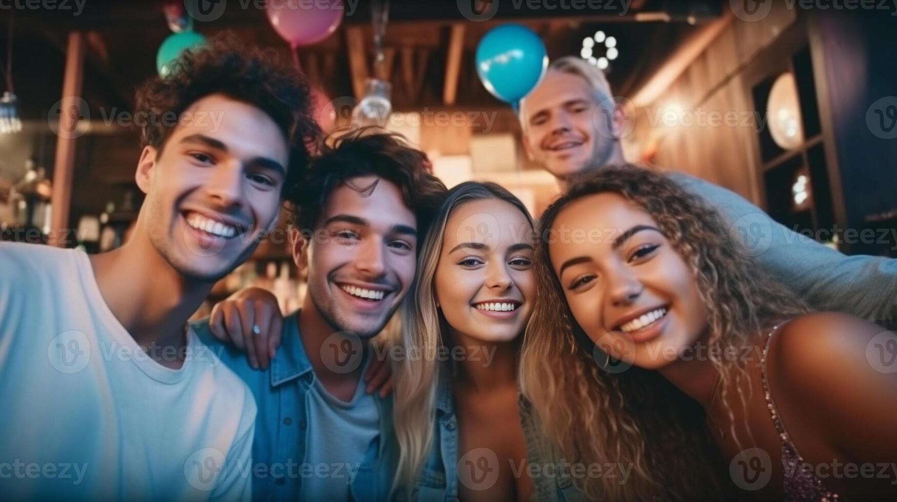 ai génératif multiracial copains prise selfie à bar restaurant Jeune gens ayant amusement ensemble célébrer content heure sur cocktail pub relation amicale jeunesse et été concept photo