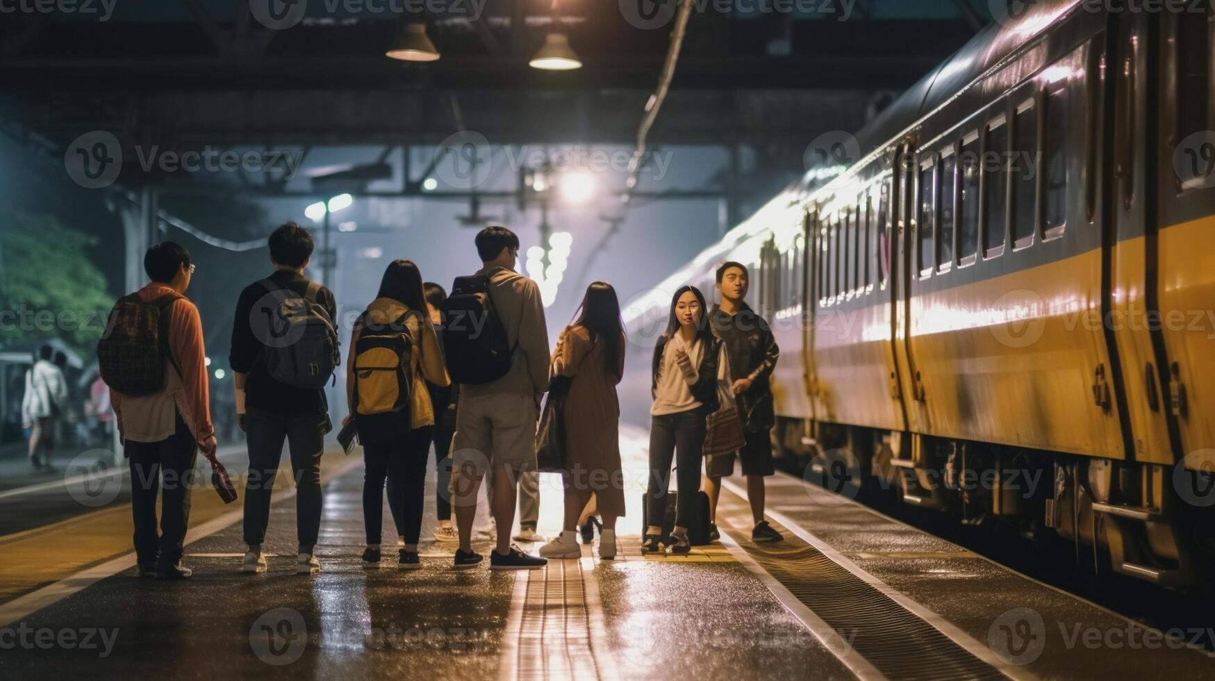ai génératif multiracial groupe de gens en marchant à train station Voyage vacances et vacances Nouveau Ordinaire concept photo