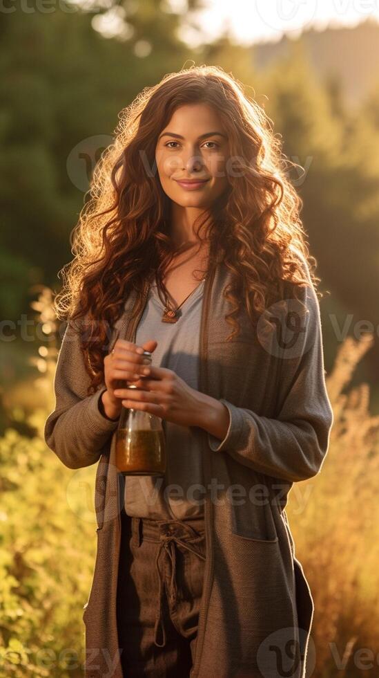 ai génératif portrait de une beau caucasien femme en marchant Extérieur à le coucher du soleil concept à propos gens et la nature photo