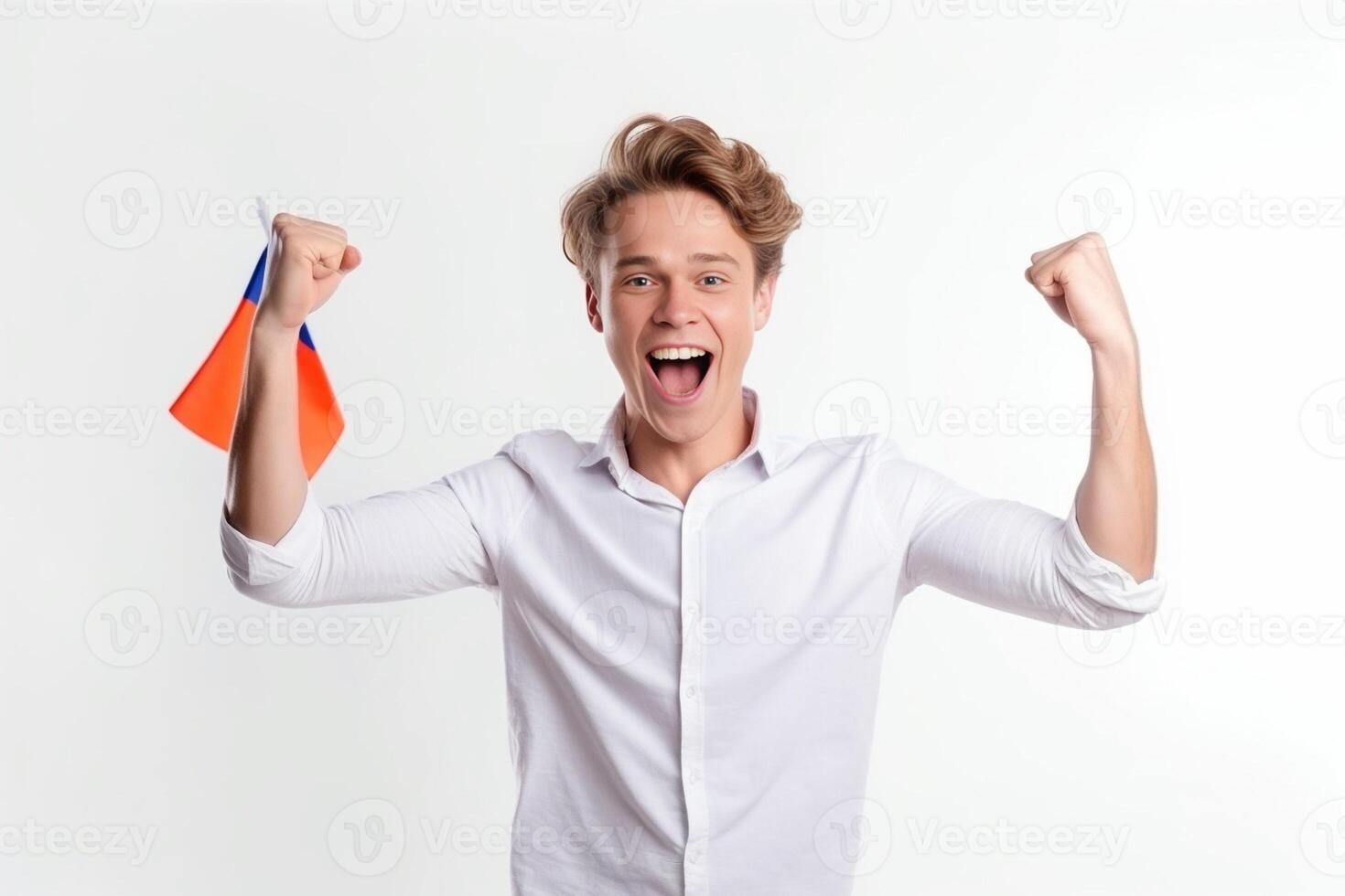 ai génératif portrait de Jeune homme en hurlant à caméra objectif gagnant célébrer manifestation annonce concept photo