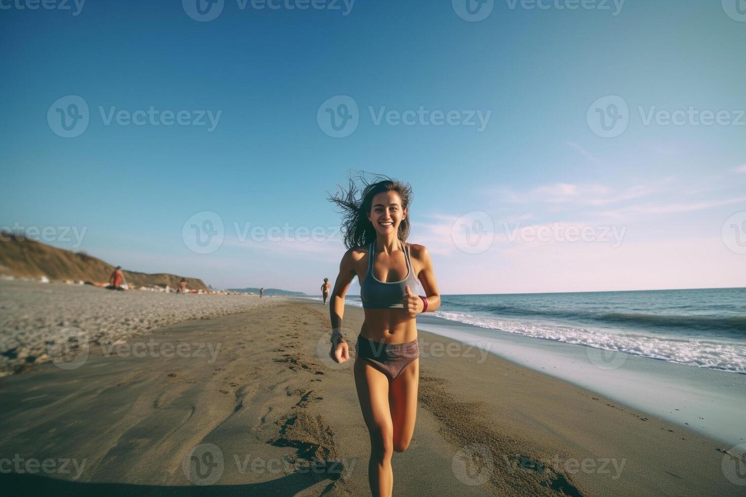 ai génératif courir femme s'arrête pour souffle à le plage mer contexte caucasien gens gens et sport concept photo