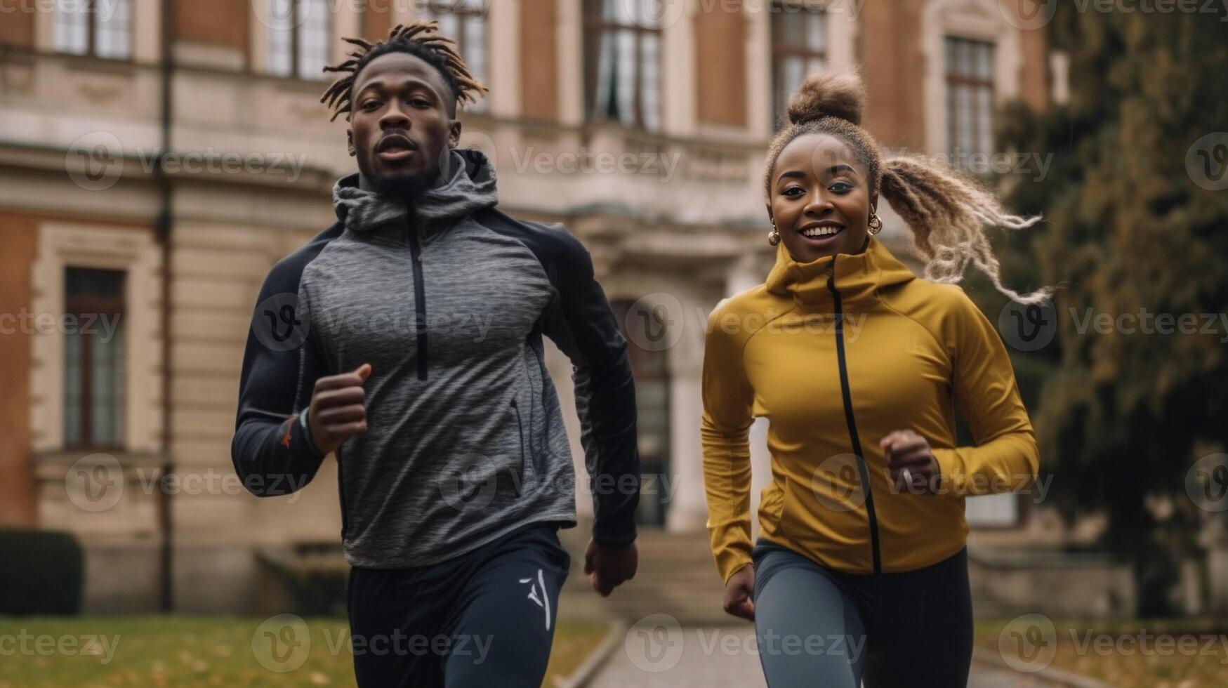 ai génératif fonctionnement couple le jogging formation à l'extérieur sur courir noir homme et caucasien femme coureur et aptitude sport sur ville rue exercice le jogging et sport concept photo