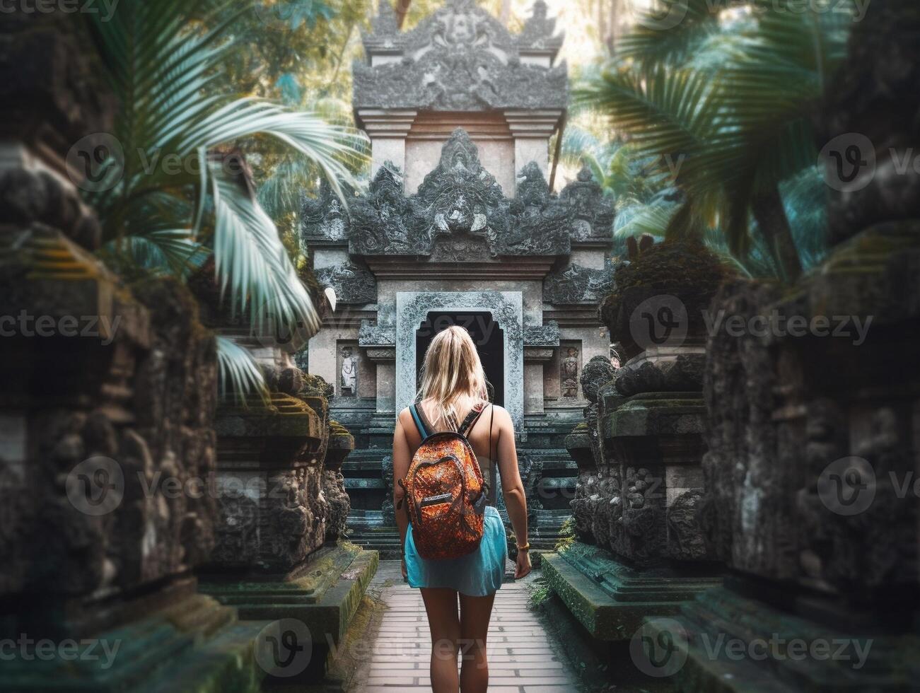 ai génératif voyageur femme posant dans de face de une temple dans bali Indonésie femme avec sac à dos sur une voyage dans Asie photo