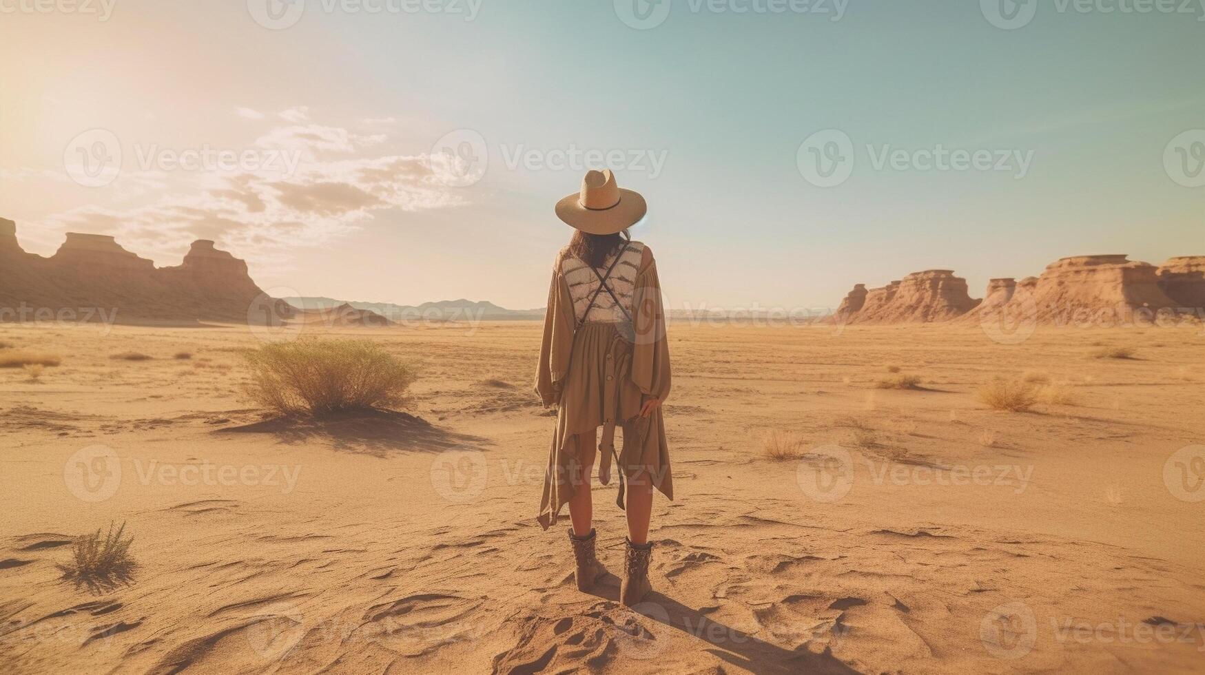 ai génératif voyageur femme en marchant dans une rocheux désert en portant chapeau et sac à dos à le coucher du soleil photo