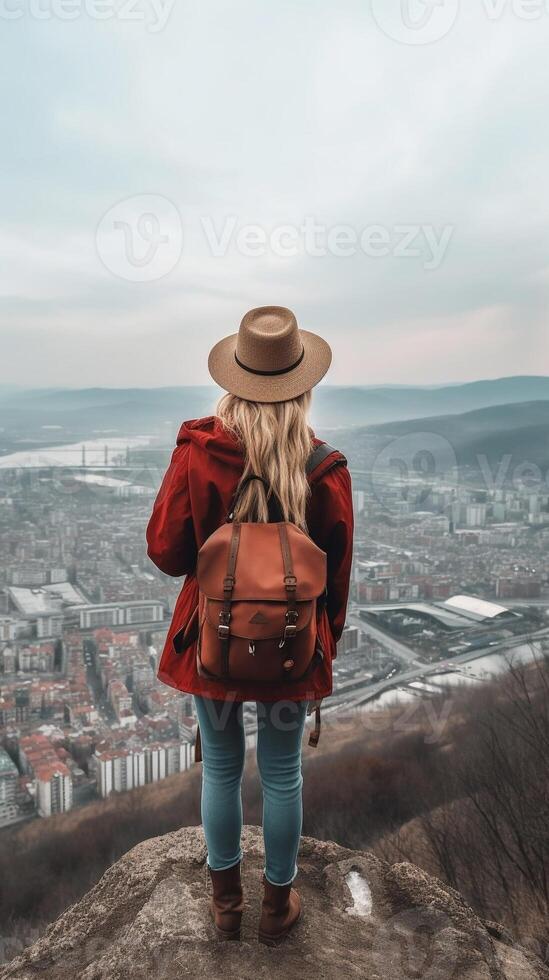 ai génératif femme avec sac à dos randonnée montagnes promeneur escalade sur le Haut de le falaise sport Succès direction et mode de vie concept photo