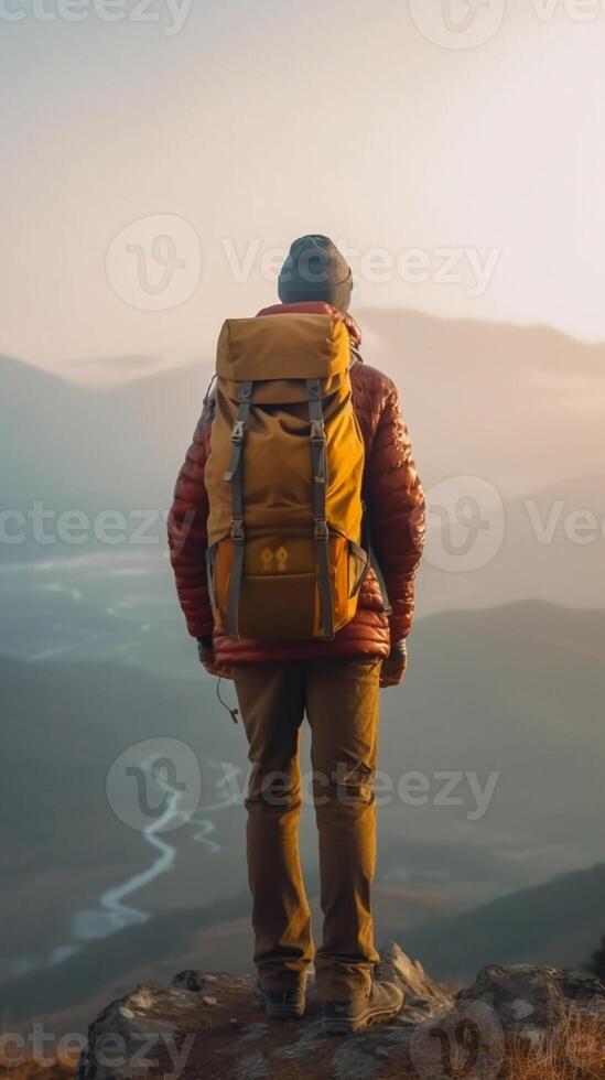 ai génératif Jeune homme avec sac à dos permanent sur le Haut de une Montagne à le coucher du soleil buts et réalisations photo