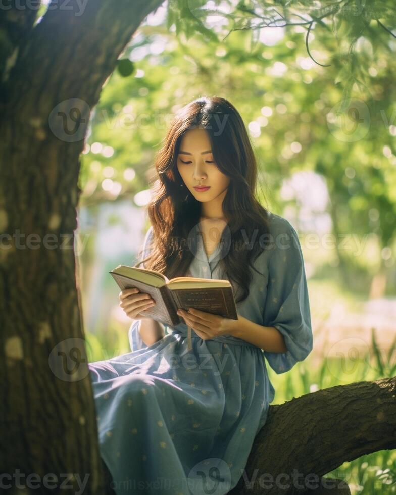 ai génératif fille en train de lire une livre séance dans une parc gens la nature et mode de vie concept photo